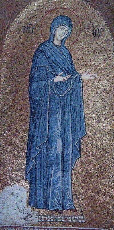 Theotokos mosaic icon with blue robe Theotokos mosaic icon with blue robe