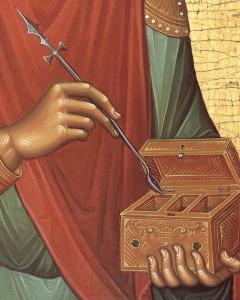 Hands of St. Panteleimon holding a cross and medicine box