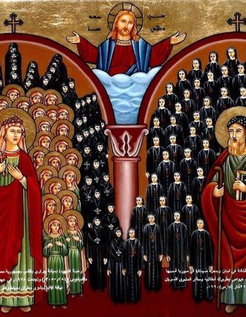 St Mort Demiana and Mor Yac'ub Burd'ono with nuns, Syriac icon